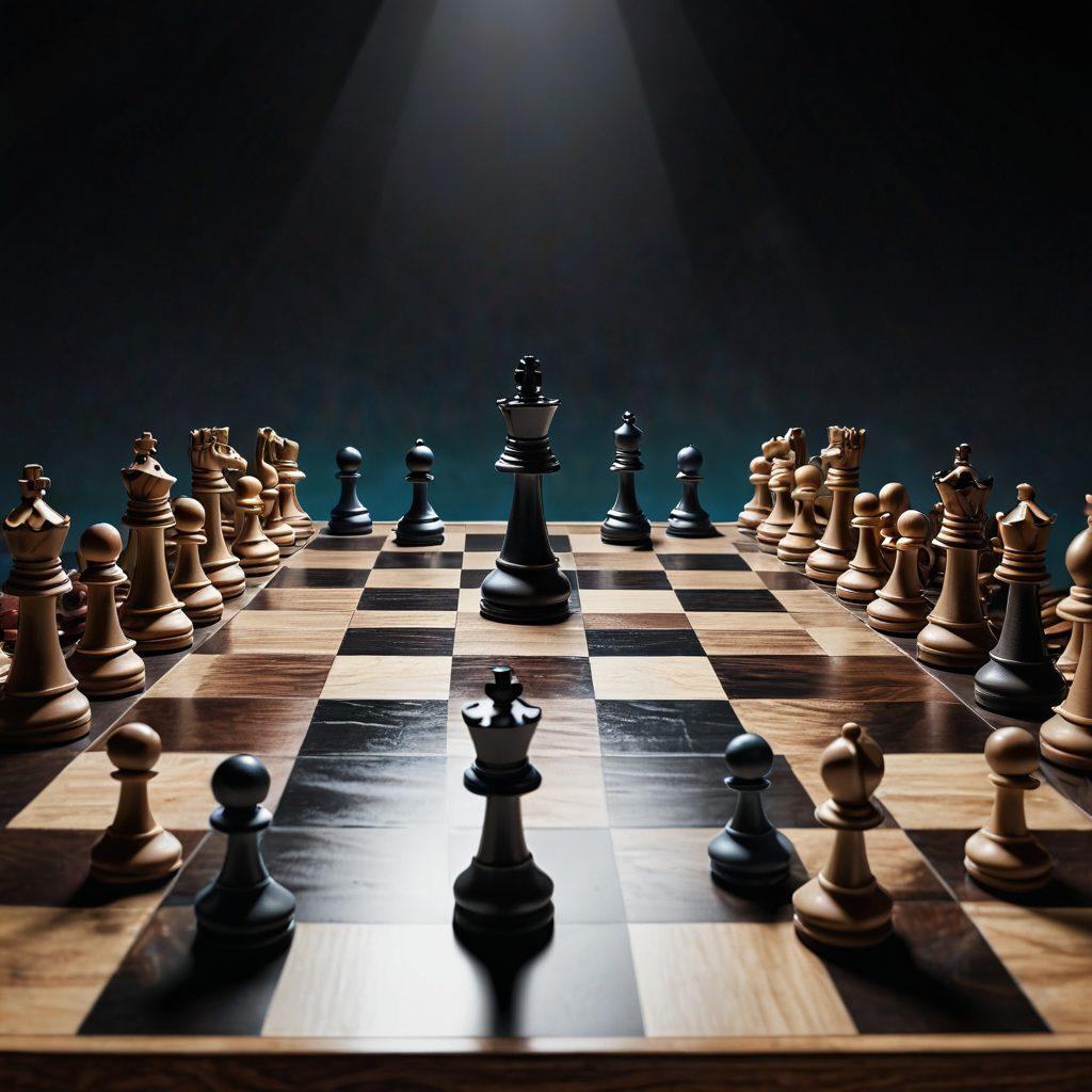 A dynamic chessboard showcasing a blend of chess pieces in mid-game, highlighting strategic maneuvers leading to an endgame scenario. Background features a gradient transition from light to dark, symbolizing the journey of improvement. Include subtle hints of famous chess positions around the edges. The atmosphere is contemplative and focused, inviting the viewer into the world of chess mastery. vibrant colors. super-realistic.