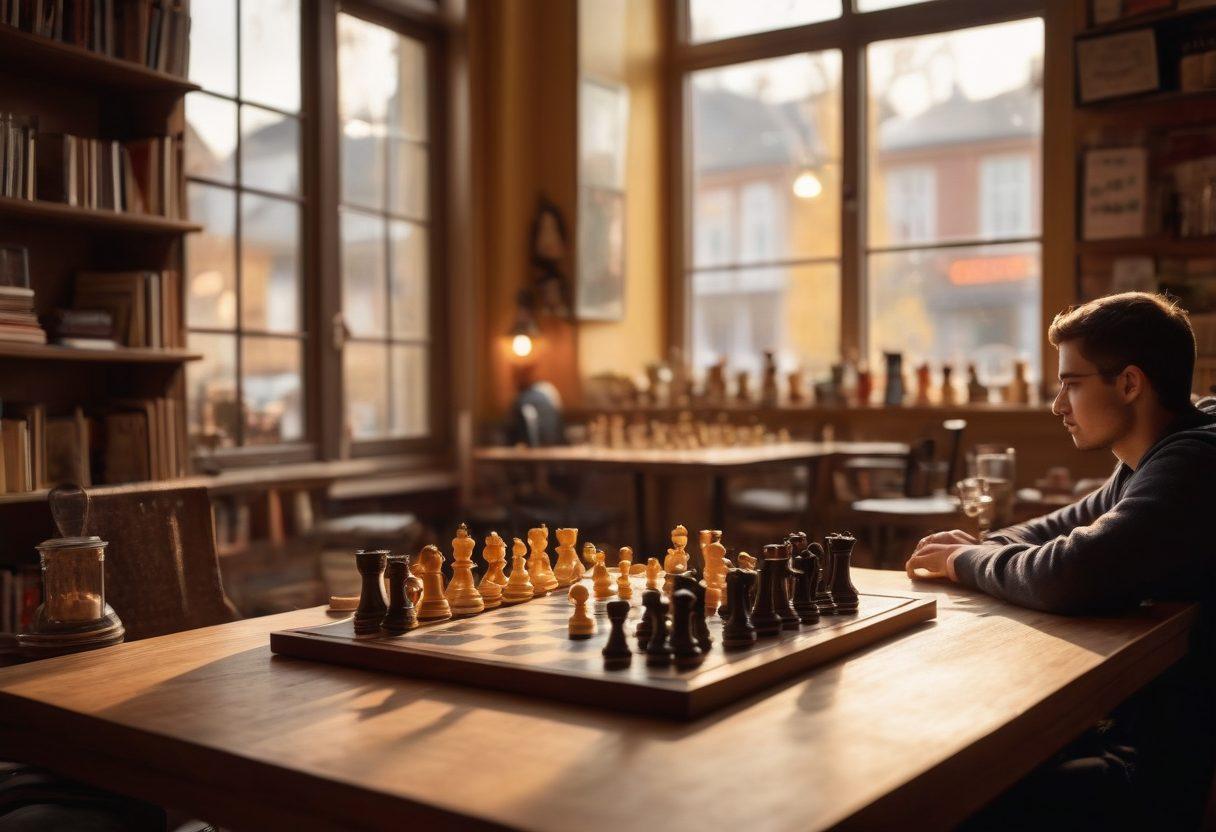 A vibrant chessboard set up in a cozy café, with players of diverse backgrounds engaged in an intense match, surrounded by books and online tutorials on chess strategy. Soft light streams in through a window illuminating the chess pieces, while a chalkboard displays tips for improving one's game. Include elements representing community and learning. super-realistic. vibrant colors. soft focus.