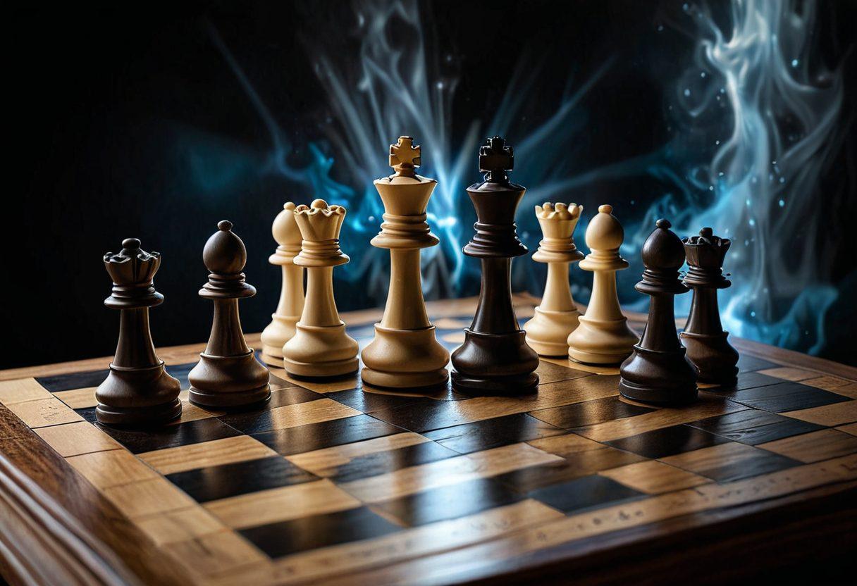 A dramatic chessboard illuminated by an ethereal light, featuring intricate chess pieces in mid-game, with holographic strategy overlays floating above the board. In the background, a glowing book and digital resources are scattered, symbolizing knowledge and discovery in chess. Emphasize the blend of traditional and modern elements, showcasing the journey of a chess player. super-realistic. vivid colors. high contrast.